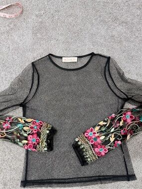 Wink Black Sheer Mesh Top with Floral Embroidered Sleeves
